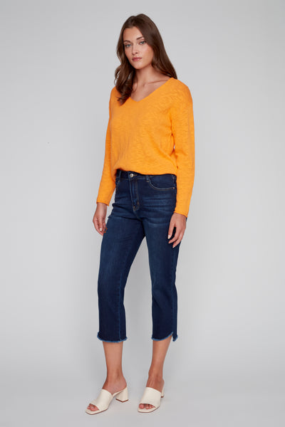 Cropped Fringed Hem Jeans
