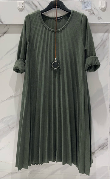 Long Sleeve Pleat Wool Mixed Dress