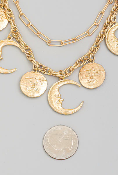 Layered Hammered Moon Face Charm Necklace