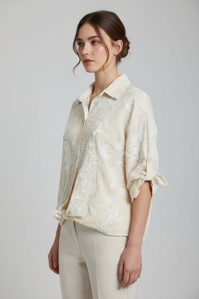 Floral Embroidery Button Front Shirt
