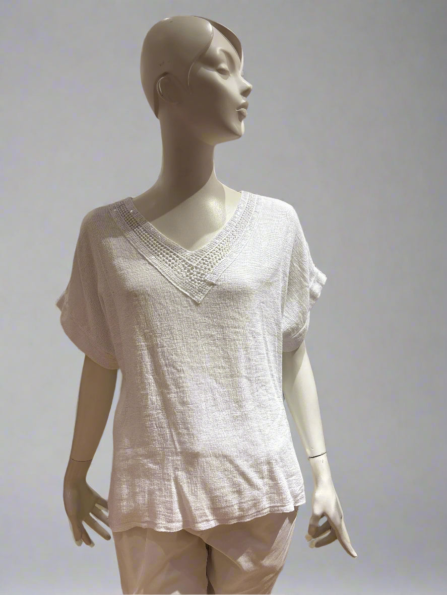 Sequin Neck Linen/Cotton Mix Top - Italian