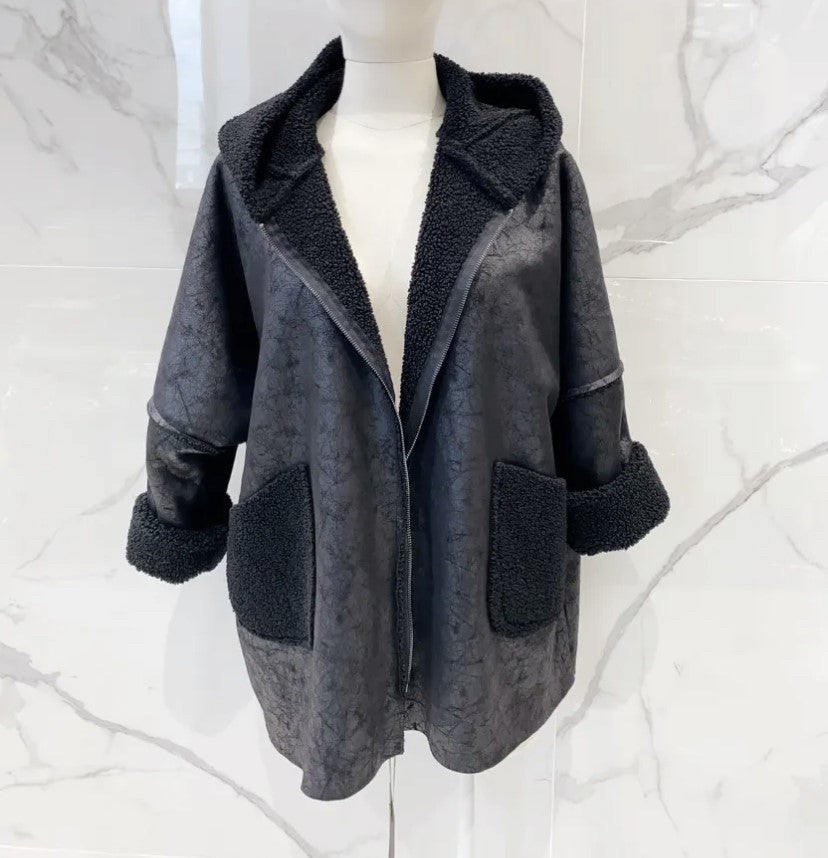 Open Front Shearling Coat - Italian