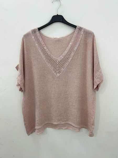 Sequin Neck Linen/Cotton Mix Top - Italian
