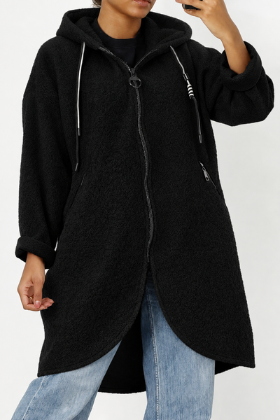 Zipper Front Coat With Hoodie