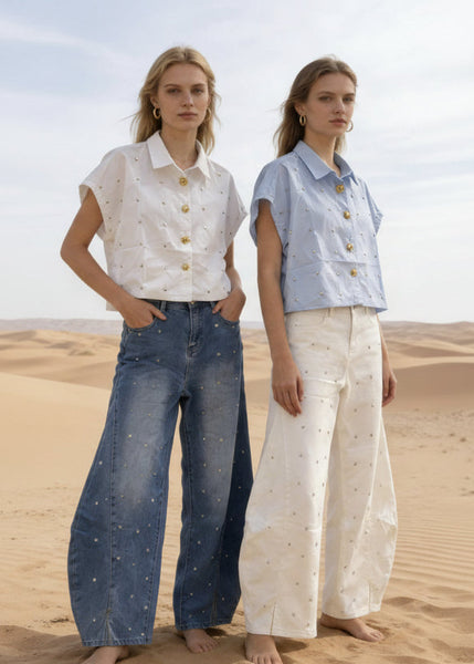 Wide Leg Denim Pants With Stud Detail