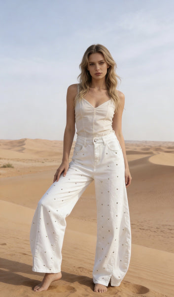 Wide Leg Denim Pants With Stud Detail