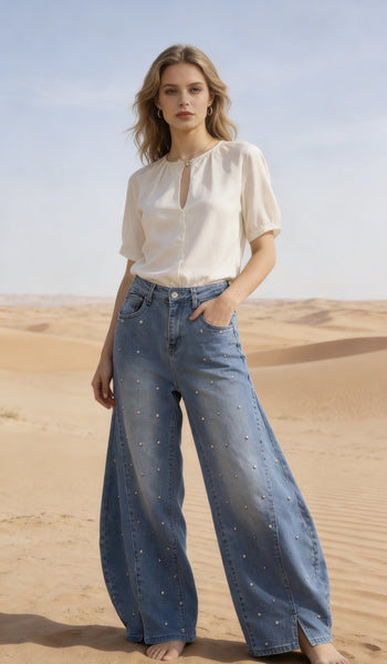 Wide Leg Denim Pants With Stud Detail