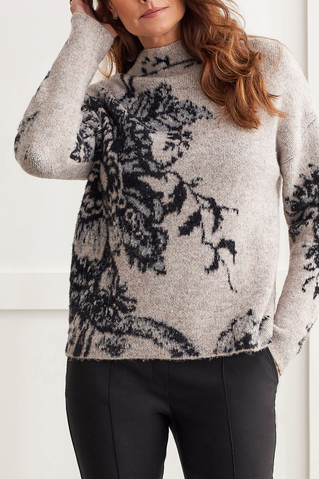 Double Knit Funnel Neck Print Sweater