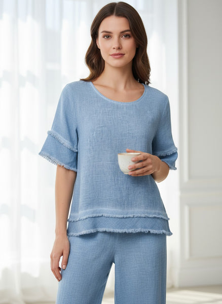 Linen/Cotton Top With Frayed Ruffle Trim