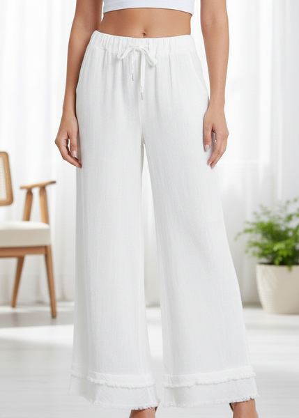 Linen/Cotton Pants With Frayed Ruffle Trim