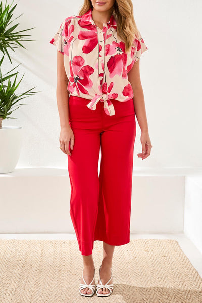 Short Sleeve Tie Front Print Blouse