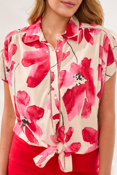 Short Sleeve Tie Front Print Blouse