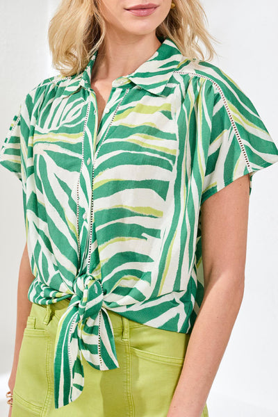 Short Sleeve Tie Front Print Blouse