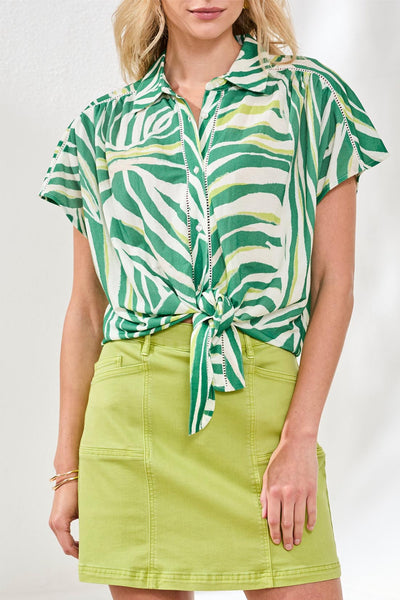 Short Sleeve Tie Front Print Blouse