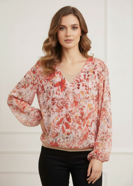Long Sleeve V Neck Floral Print Top
