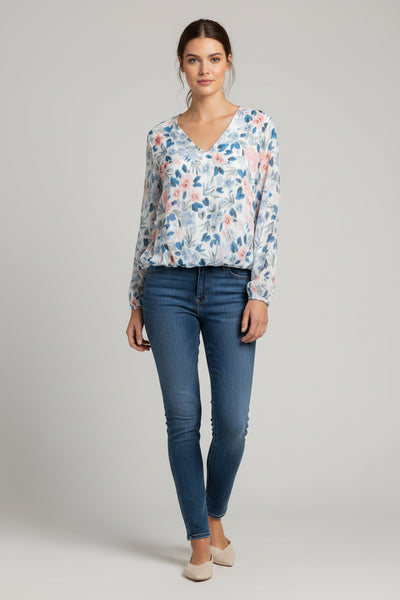 Long Sleeve V Neck Floral Print Top