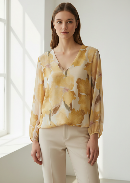 Long Sleeve V Neck Floral Print Top