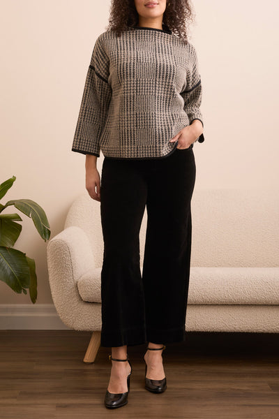3/4 Sleeve Mock Neck Jacquard Plaid Top
