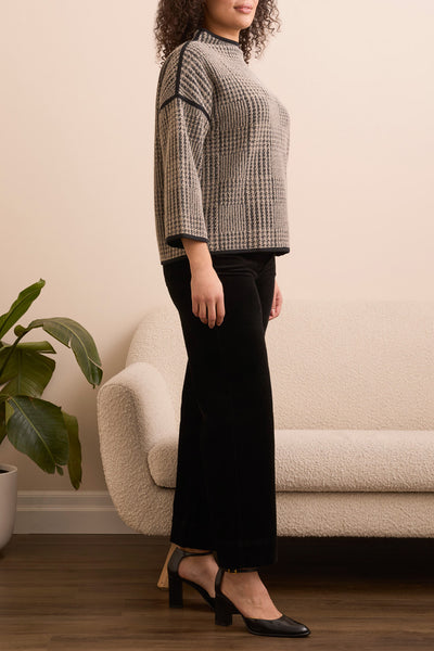 3/4 Sleeve Mock Neck Jacquard Plaid Top