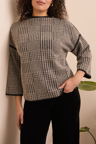 3/4 Sleeve Mock Neck Jacquard Plaid Top
