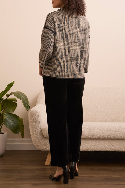 3/4 Sleeve Mock Neck Jacquard Plaid Top