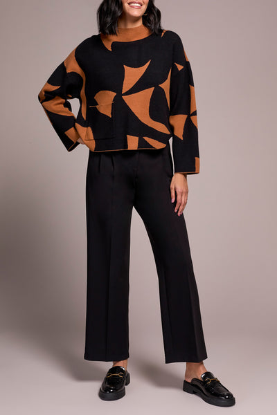 Abstract Print Mock Neck Sweater With Pocket