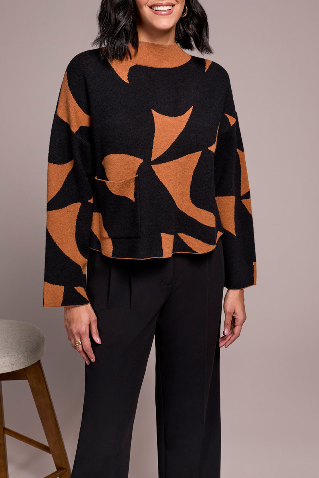 Abstract Print Mock Neck Sweater With Pocket