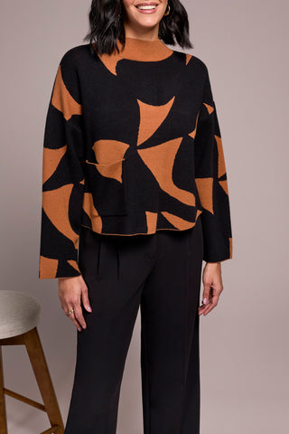Abstract Print Mock Neck Sweater With Pocket