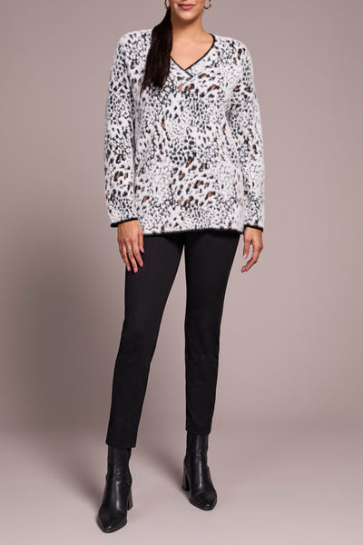 Fuzzy Animal Print Mock Neck Sweater