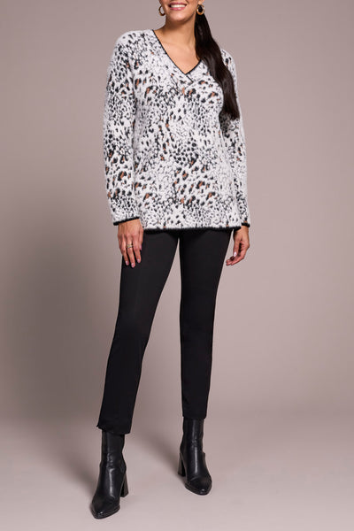 Fuzzy Animal Print Mock Neck Sweater