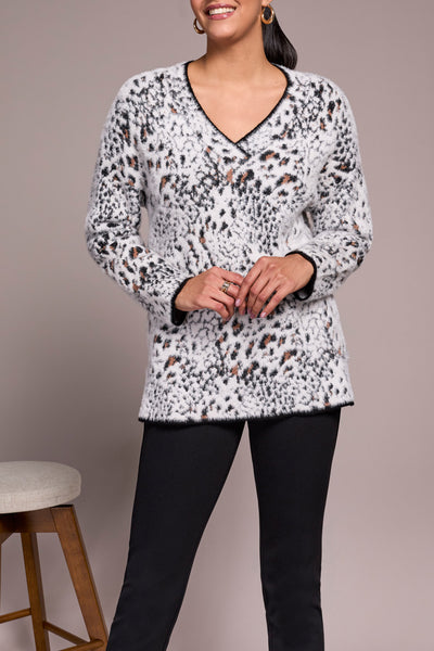 Fuzzy Animal Print Mock Neck Sweater