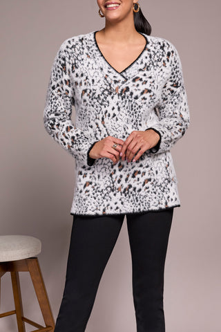 Fuzzy Animal Print Mock Neck Sweater