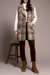 Wide Notch Collar Plaid Long Vest