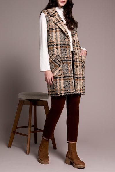 Wide Notch Collar Plaid Long Vest