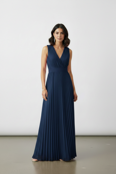 Maxi Double-V Neck Pleated Dress