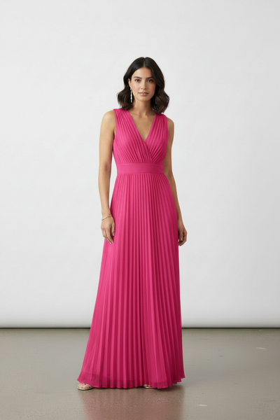 Maxi Double-V Neck Pleated Dress