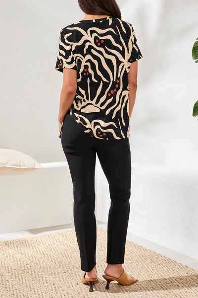 Crew Neck Print Top With Side Ruching