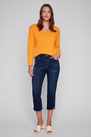 Cropped Fringed Hem Jeans