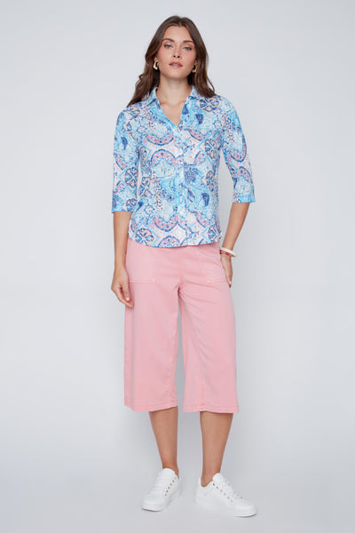 Button Front Print Blouse