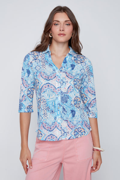 Button Front Print Blouse