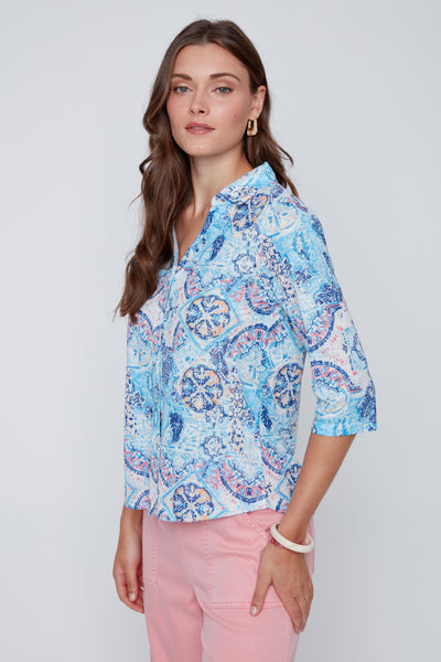 Button Front Print Blouse