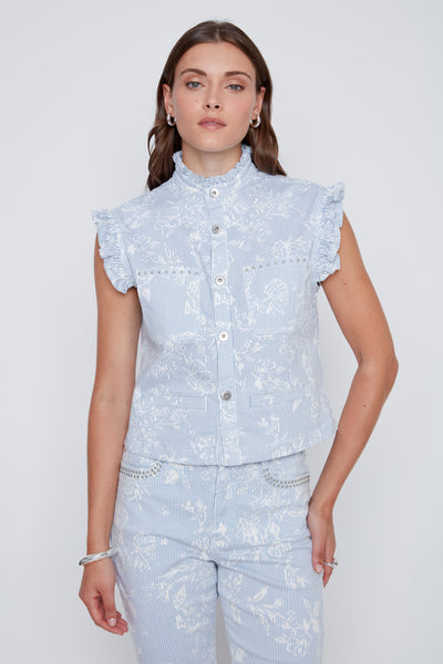 Button Front Pin Stripe Print Vest