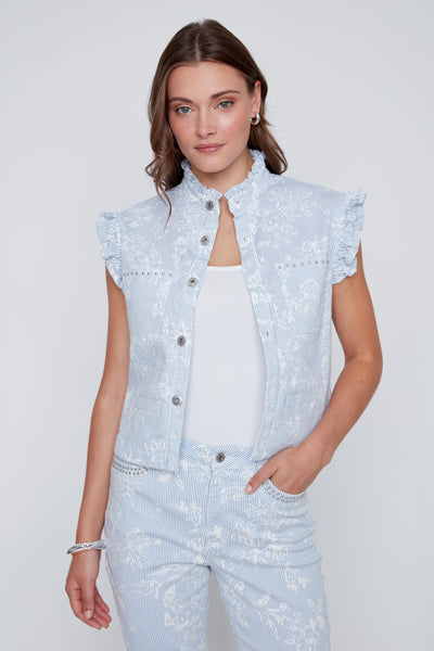 Button Front Pin Stripe Print Vest