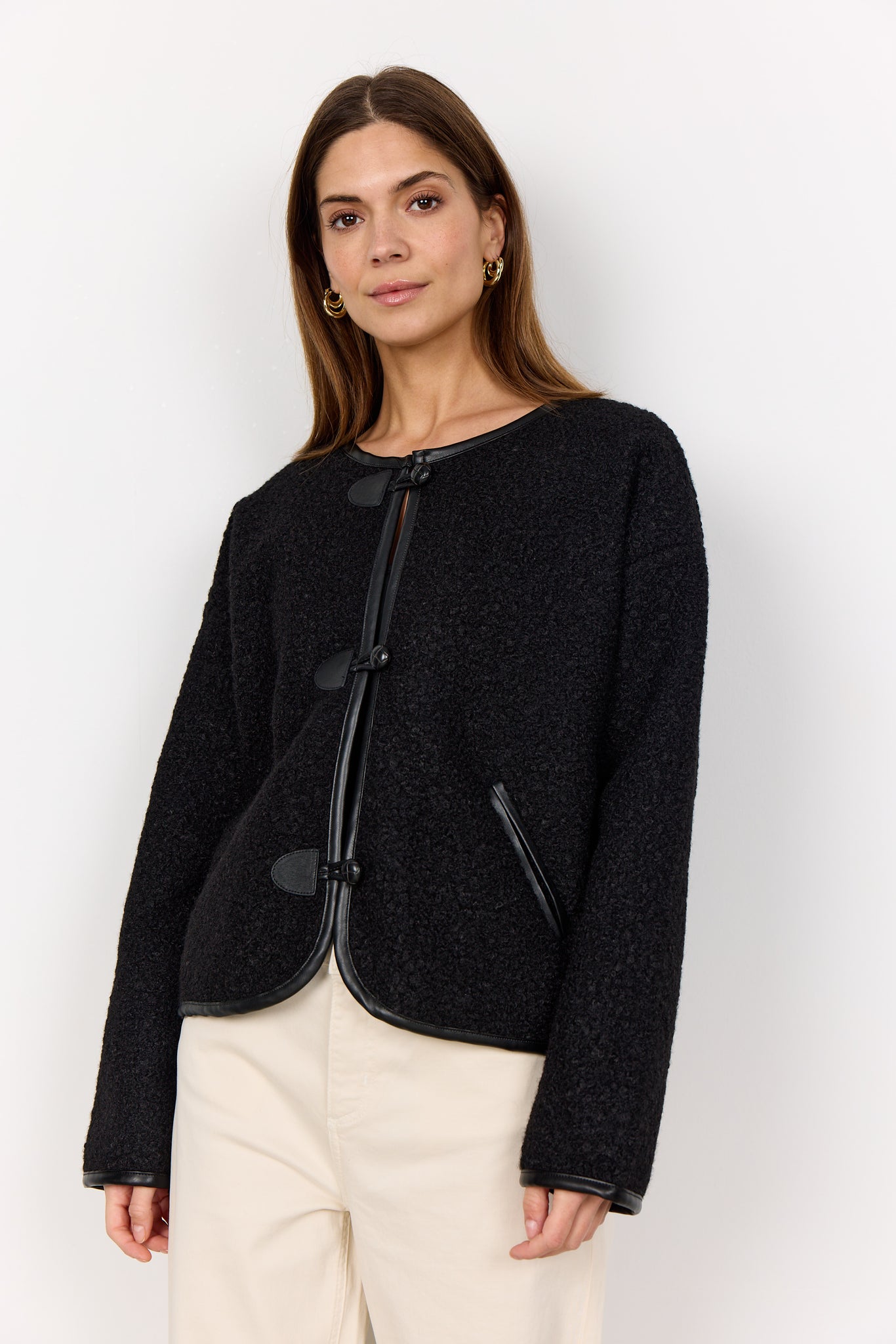 Toggle Button Jacket With Faux Leather Trim Detail