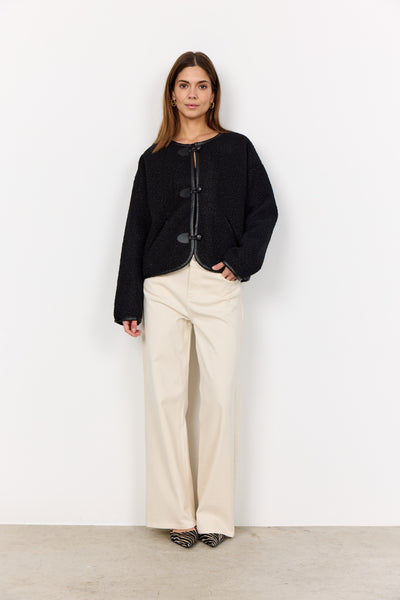 Toggle Button Jacket With Faux Leather Trim Detail