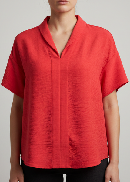 Short Sleeve V-Neck High Twist Woven Top