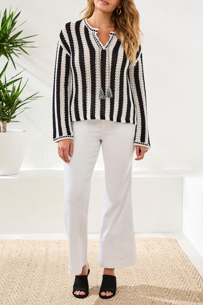 Long Sleeve Notch Collar Stripe Sweater