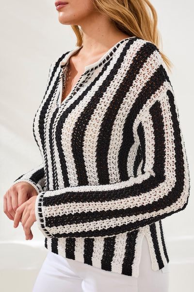 Long Sleeve Notch Collar Stripe Sweater