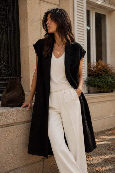 Open Front Frayed Trim Knit Vest
