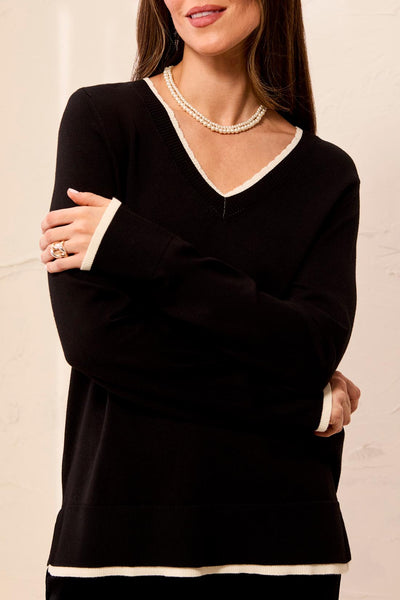 Long Sleeve V-Neck Sweater With Tipping